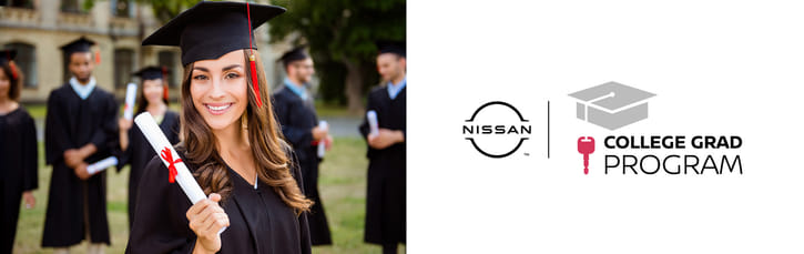 Smiling college graduate in a cap and gown holding a diploma next to the Nissan College Grad Program logo.