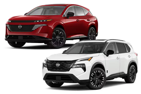 A white 2026 Rogue and a red 2026 Murano on a white background.