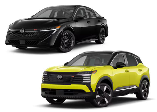 A black 2026 Sentra with a yellow 2026 Kicks on a white background.