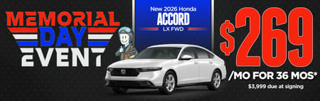New 2026 Honda Accord LX FWD	"$269/mo for 36 mos*  $3,999 due at signing"