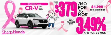 2026 Honda CR-V AWD Sport Hybrid	"Lease for $379/mo. for 36 mos.* $4,999 due at signing OR Finance for 3.49% APR for 36 mos.**"