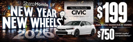 New 2026 Honda Civic Sedan Sport "Lease for $199/mo. for 36 mos.* $4,600 due at signing PLUS $750 Honda Loyalty/Conquest Bonus**"