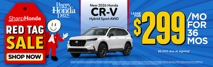 New 2026 Honda CR-V Hybrid Sport AWD Lease for $299/mo. for 36 mos. $6,000 due at signing*