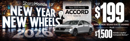 New 2025 Honda Accord Sedan SE	"Lease for $199/mo. for 36 mos.* $5,600 due at signing PLUS $1,500 Honda Loyalty/Conquest Bonus**"