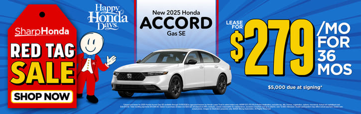 New 2025 Honda Accord Gas SE Lease for $279/mo. for 36mos. $5,000 due at signing*