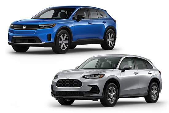 A blue Prologue with a silver HR-V on a white background.