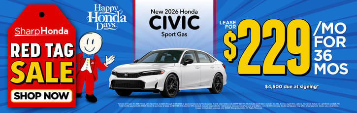 New 2026 Honda Civic Sport Gas Lease for $229/mo. for 36 mos. $4,500 due at signing*
