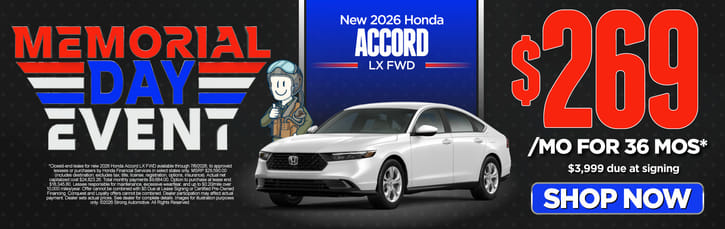 New 2026 Honda Accord LX FWD	"$269/mo for 36 mos*  $3,999 due at signing"