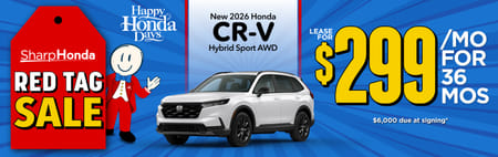 New 2026 Honda CR-V Hybrid Sport AWD Lease for $299/mo. for 36 mos. $6,000 due at signing*