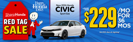 New 2026 Honda Civic Sport Gas Lease for $229/mo. for 36 mos.* $4,500 due at signing