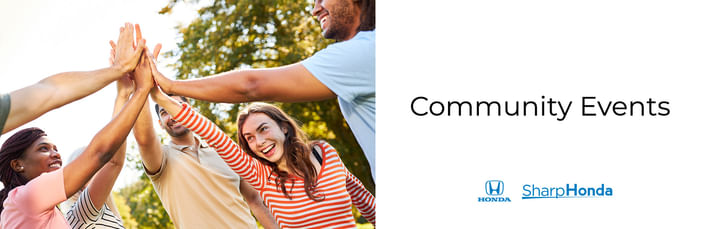 Sharp Honda Community Events banner with a diverse group of people high-fiving.