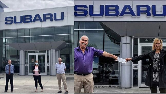 On the left, a woman holding a check in the background of a Subaru dealership. On the right, a man handing a check to a woman in the background of a Subaru dealership