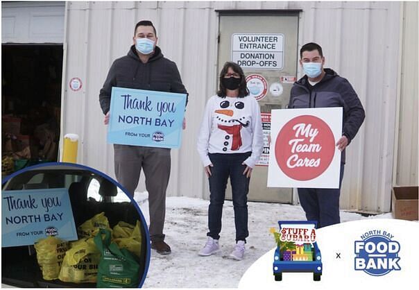 The North Bay Food Bank. Three people holding banners Thank you NORTH BAY from your Food Bank