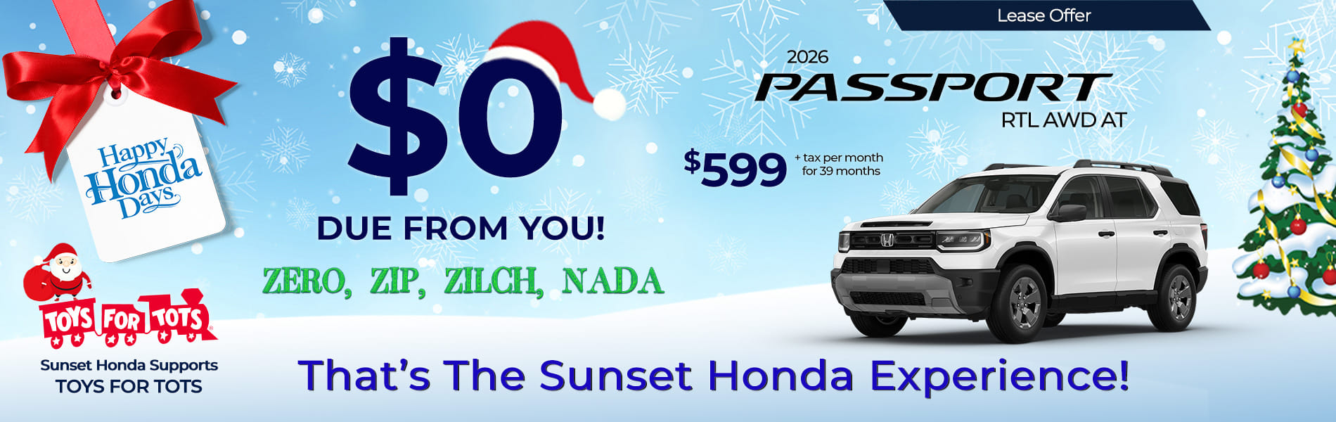 An ad for a 2026 Honda Passport lease offer for $599 per month with $0 due.