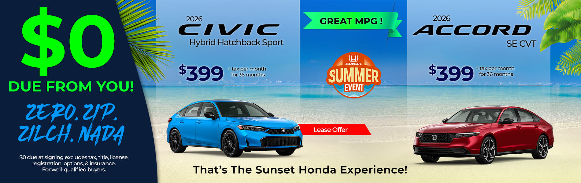 Lease 2026 Honda Civic Hatchback Hybrid Sport $399