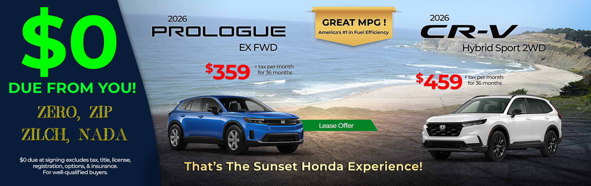 Lease Loyalty/Conquest 2026 Honda Prologue EX $359