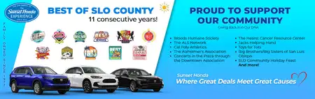 A promotional banner for the Sunset Honda car dealership. The ad highlights that they have been voted "Best of SLO County" for 11 consecutive years and lists community organizations they support. It features images of three Honda cars and the tagline "Where Great Deals Meet Great Causes.