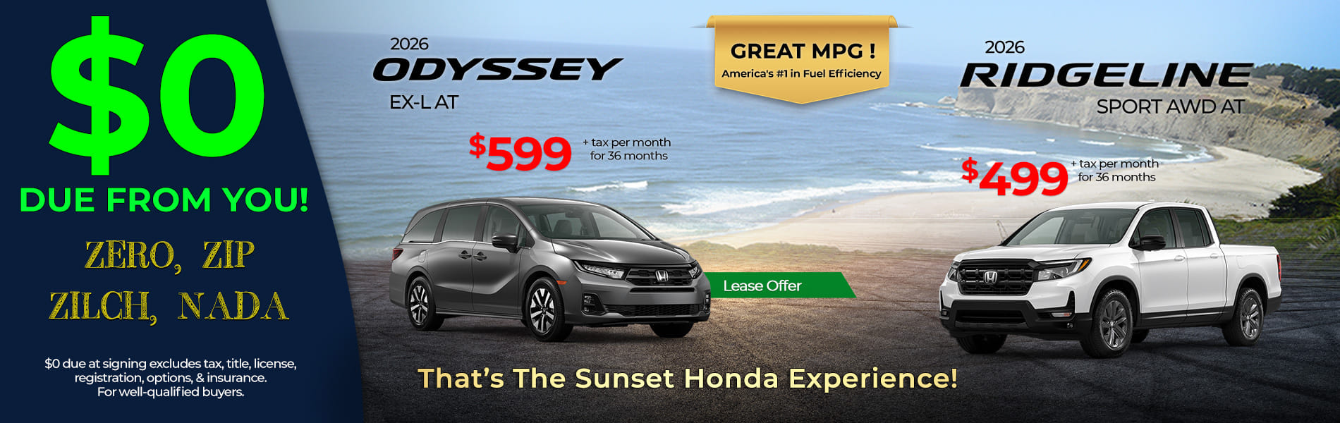 Lease Loyalty/Conquest 2026 Honda Ridgeline Sport $499
