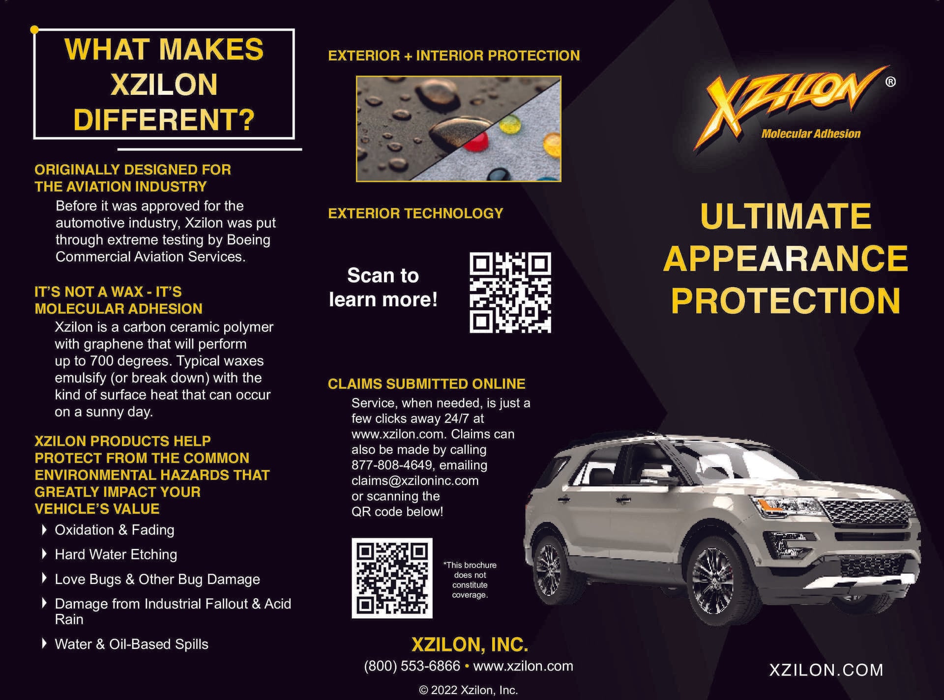 Black-and-yellow Xzilon advertisement featuring a protected white SUV, water-beading paint, QR codes, and claims of lasting appearance and environmental protection.