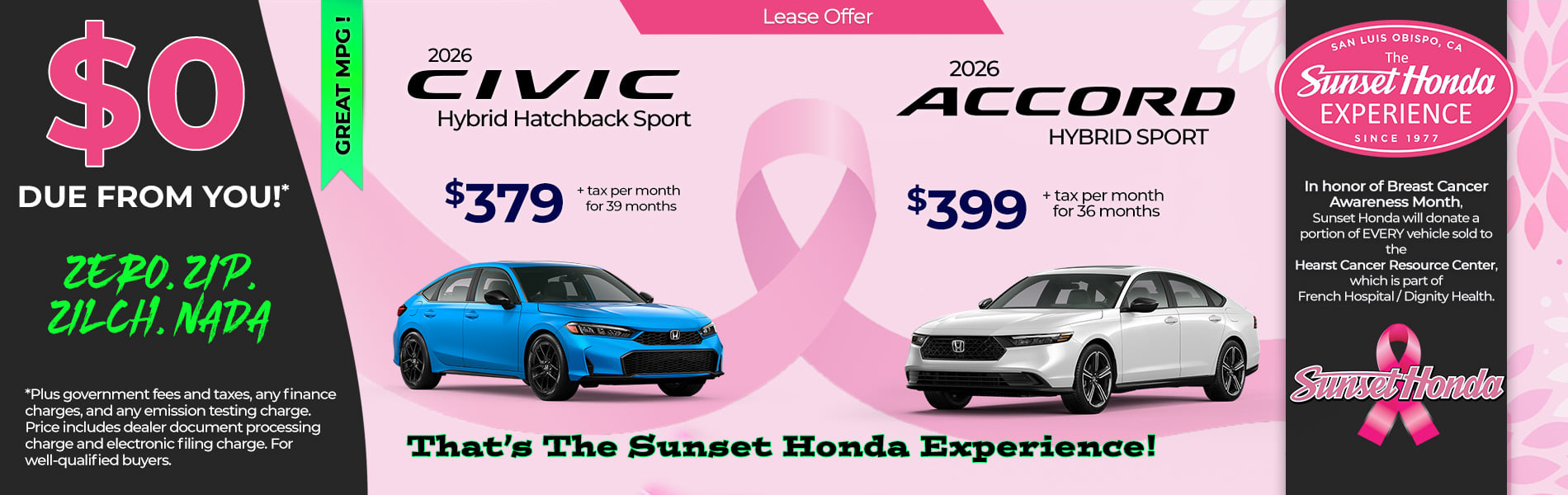 Lease 2026 Honda Civic Hatchback Hybrid Sport $379