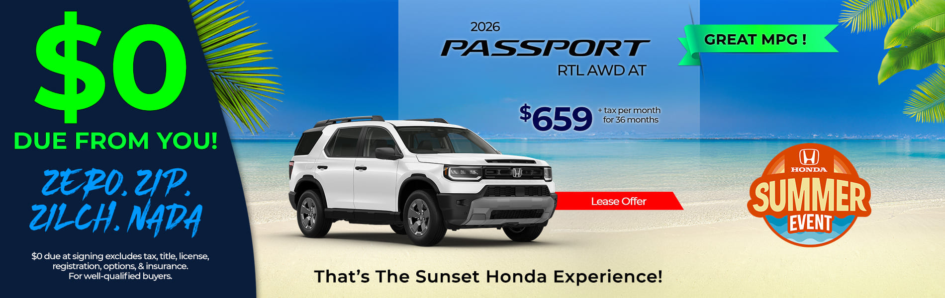 Lease 2026 Honda Passport RTL $659