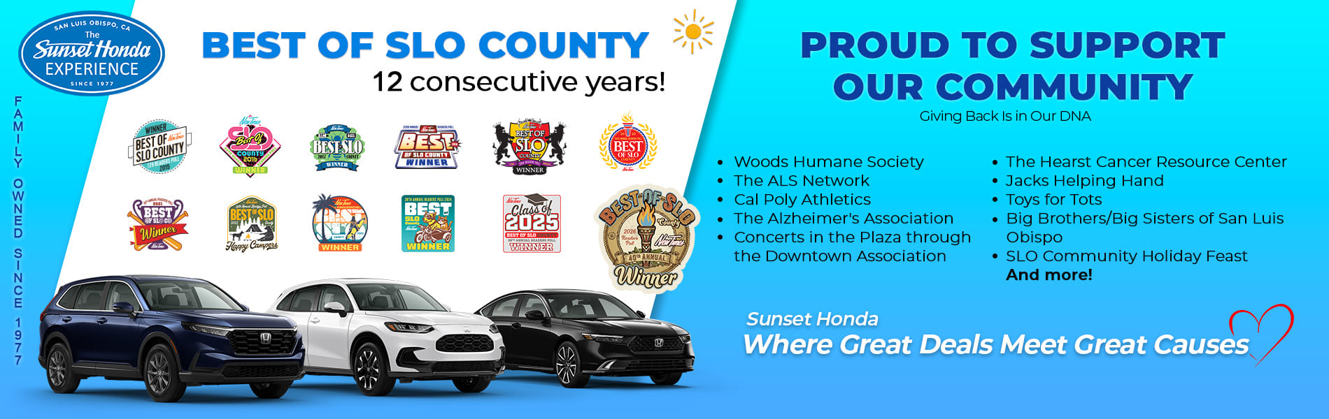 A promotional banner for the Sunset Honda car dealership.