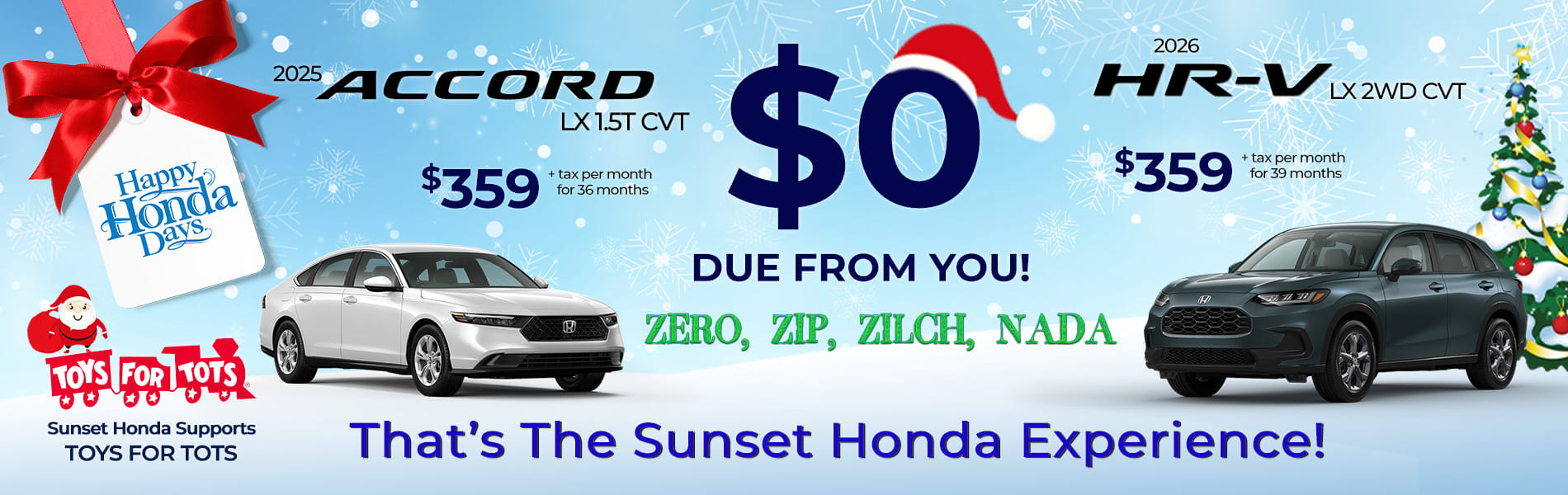 An ad showing lease offers for a 2025 Accord and a 2026 HR-V, both with $0 due.