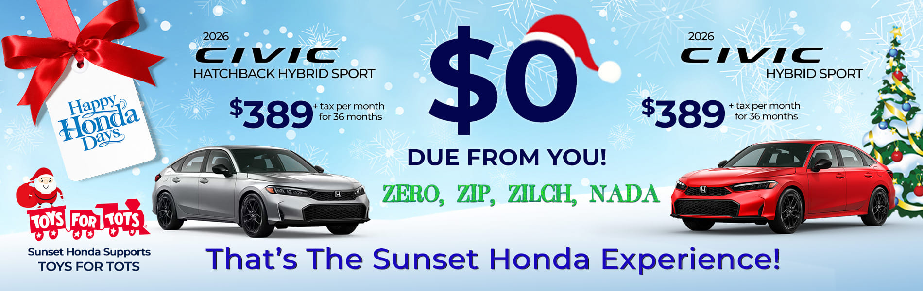 An ad showing lease offers for the 2026 Civic Hatchback Hybrid and Civic Hybrid Sport, both with $0 due.