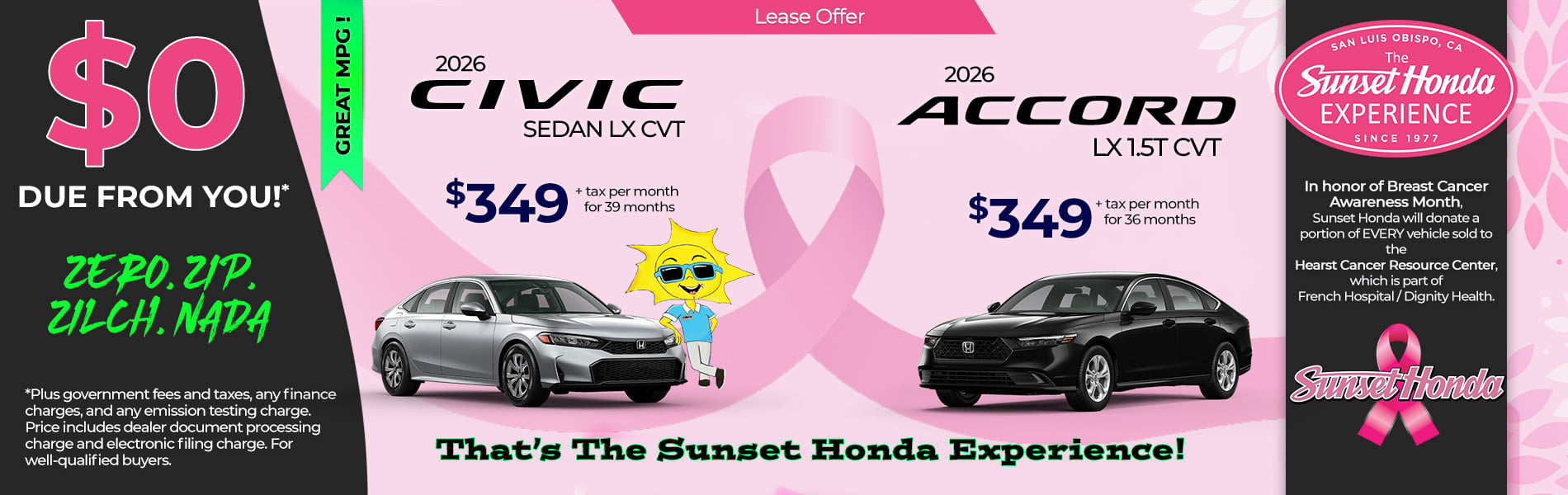 Lease 2026 Honda Civic Sedan LX CVT $349