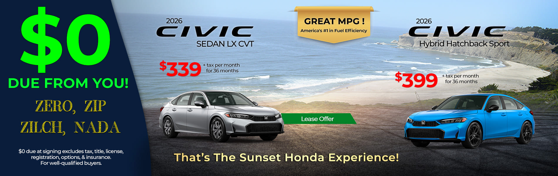 Lease 2026 Honda Civic Sedan LX $339