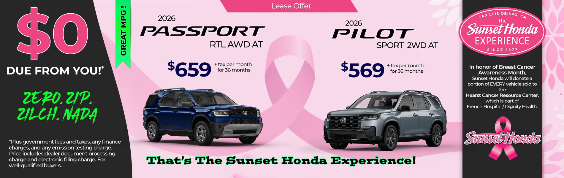Lease 2026 Honda Pilot Sport $569
