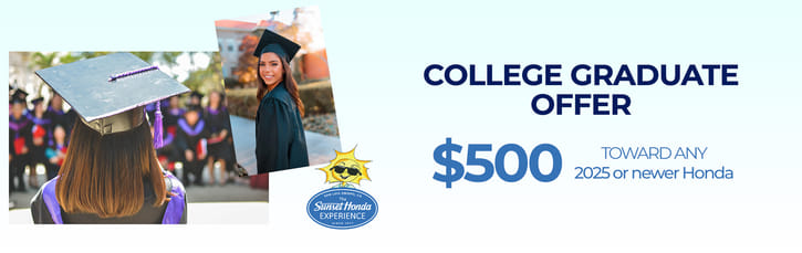 A happy college graduate in cap and gown. Text on the right reads: 'College Graduate Offer – $500 toward any 2025 or newer Honda.'