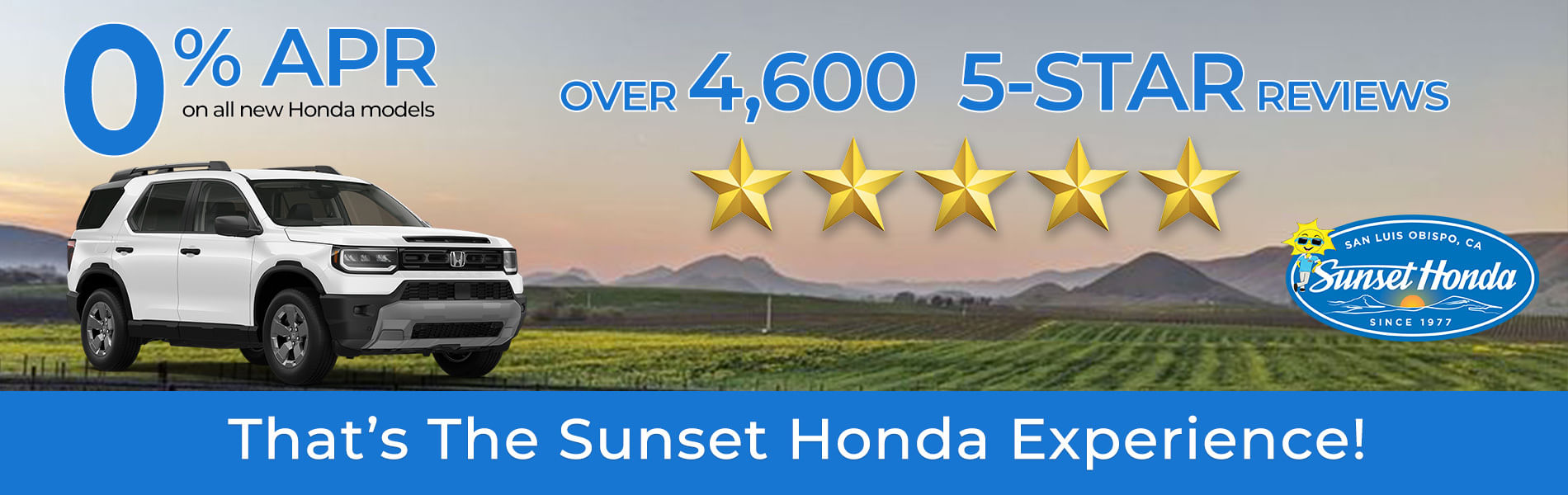 A promotional banner for Sunset Honda featuring a white Honda SUV with text highlighting 0% APR on all new Honda models and Over 4,600 5-Star Reviews.