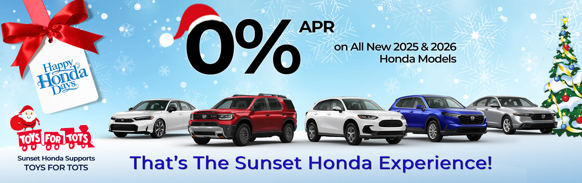A Sunset Honda ad offering 0% APR on all new 2025 and 2026 Honda models