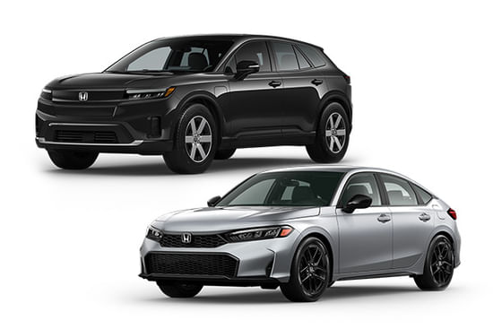 A silver 2025 Civic HB with a black 2025 Prologue on a white background.