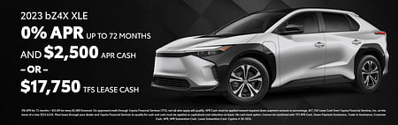 0% APR on 2023 bZ4x special or $10,500 lease cash; Silver bZ4x on the right in the black background. 