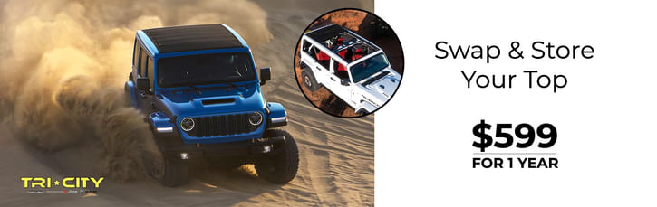 A Jeep Wrangler off-road on the left, with text on the right: "Swap & Store Your Top" and "$599 for 1 year" below.