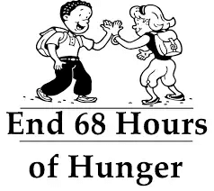 Logo for End 68 Hours of Hunger, featuring a black and white drawing of two children with backpacks giving a high-five.