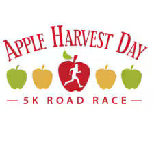 Logo for the Apple Harvest Day 5K Road Race, featuring five colorful apple icons with a runner silhouette in the center apple.