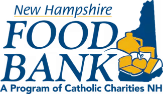 Logo for the New Hampshire Food Bank, A Program of Catholic Charities NH, featuring food graphics overlaid on the state outline.
