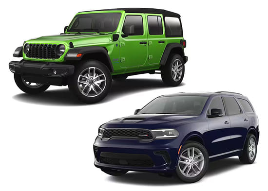 A navy Dodge Durango and a green Jeep Wrangler on a white background.