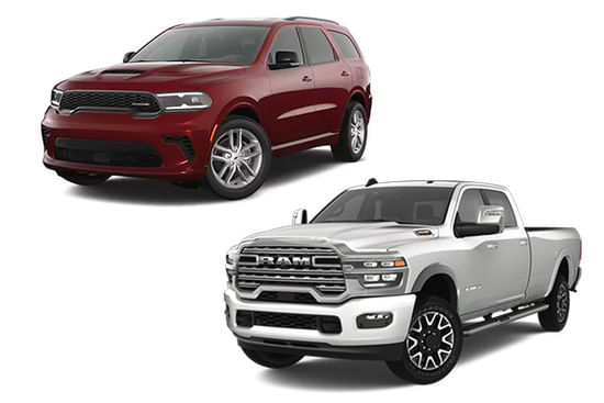 A red Dodge Durango and a silver RAM 3500 on a white background.