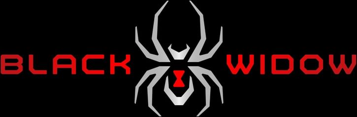Black widow logo prominently displayed on black background, symbolizing danger and intrigue.