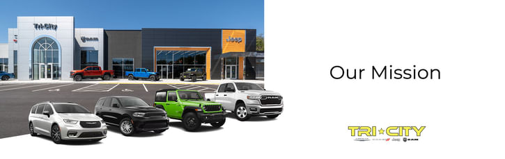 A row of cars with a dealership in the background, alongside the text "Our Mission" emphasizing customer experience excellence.