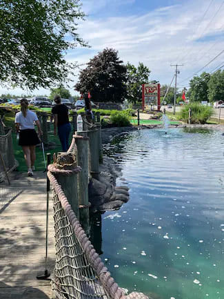 People playing golf walk across a bridge beside a water hazard.