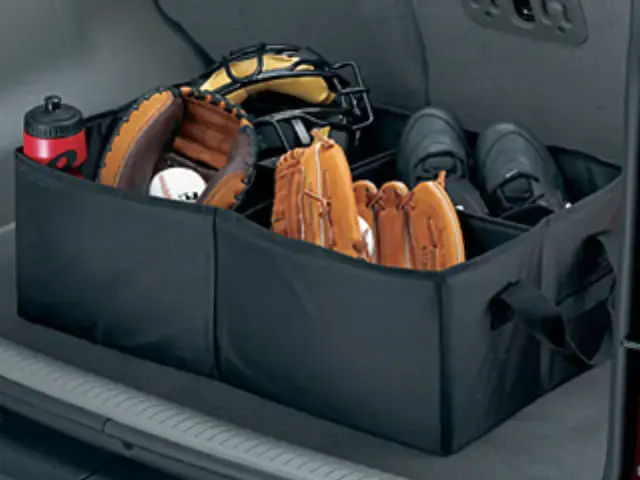 A black storage organizer placed in the trunk of a vehicle, containing baseball gear including gloves, a catcher's mask, a pair of cleats, a red water bottle, and a baseball.