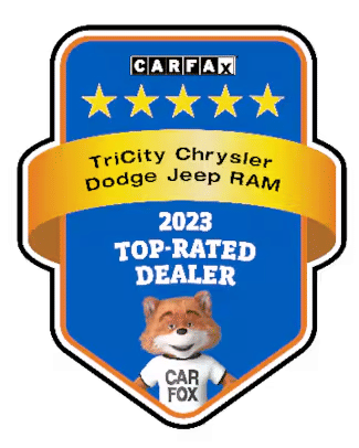 CarFax 2023 Top-Rated Dealer award badge for TriCity Chrysler Dodge Jeep RAM, featuring 5 stars and the Car Fox mascot.