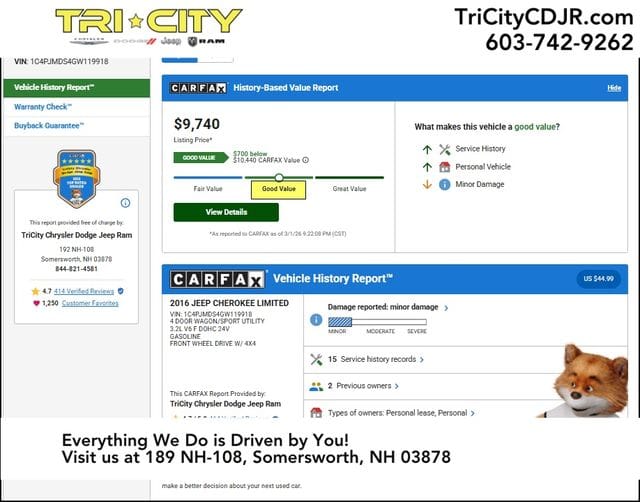 Used 2016 Jeep Cherokee Limited with VIN 1C4PJMDS4GW119918 for sale in Somersworth, NH