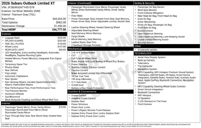 5 thumbnail image of  2026 Subaru Outback Limited XT