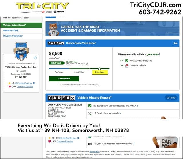 Used 2010 Volvo V70 3.2 with VIN YV1960BWXA1163901 for sale in Somersworth, NH